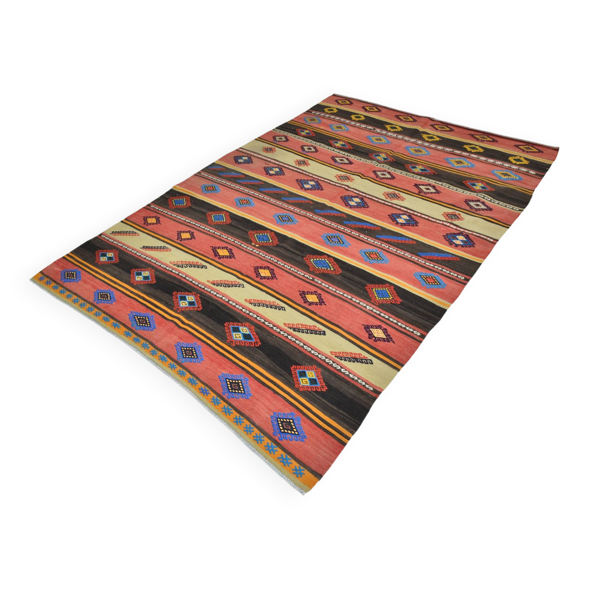 6x9 Blue & Red Details Kilim Rug,Modern Mid Century,Wool Area Rug,175x261Cm