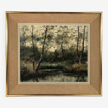 Huile sur toile paysage de sous-bois Edmond Le Trouit Langotière (1901-1978)