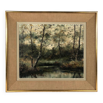 Huile sur toile paysage de sous-bois Edmond Le Trouit Langotière (1901-1978)