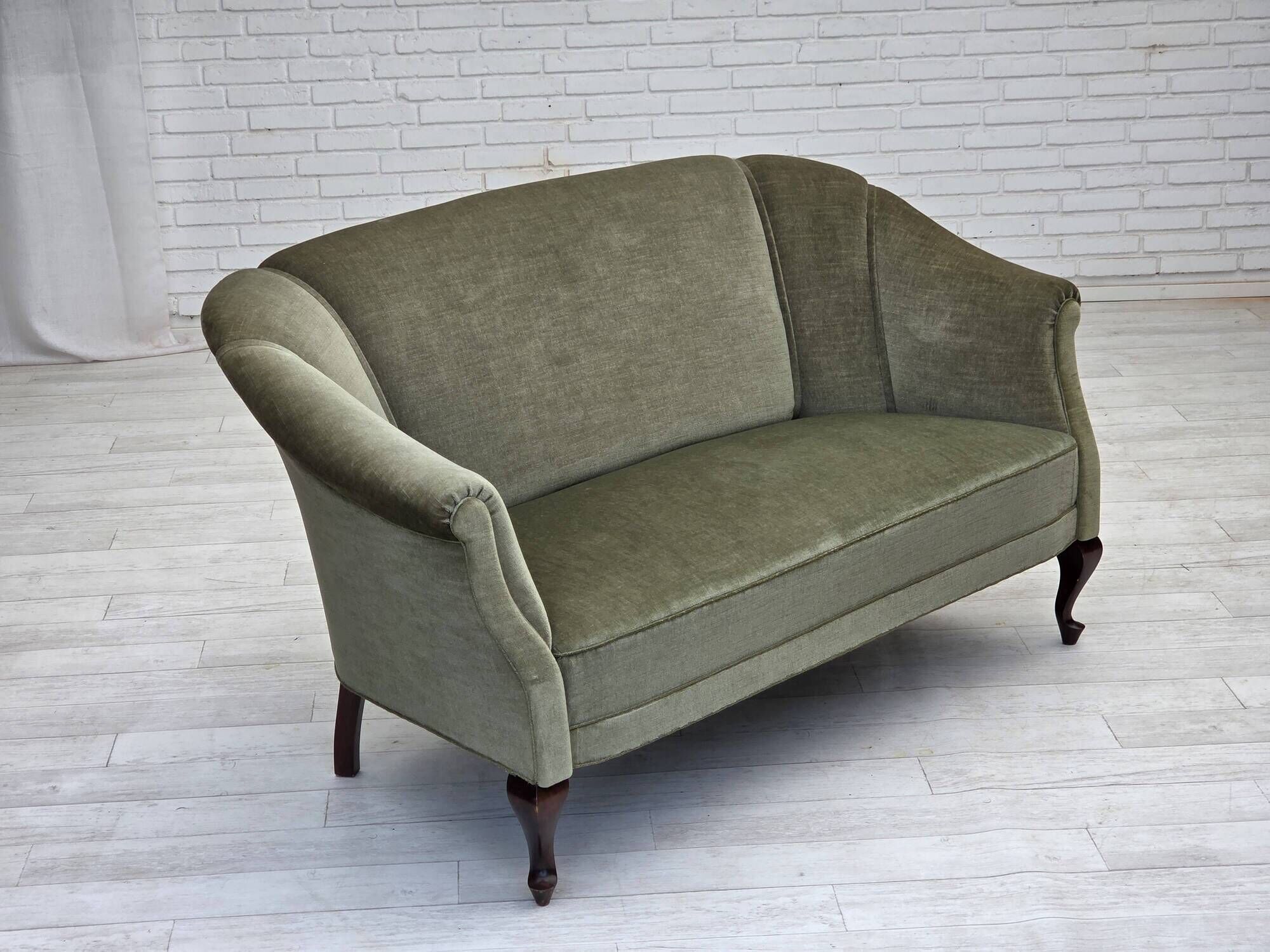 1960s, Danish 2-seater sofa, green furniture velour, beech wood.