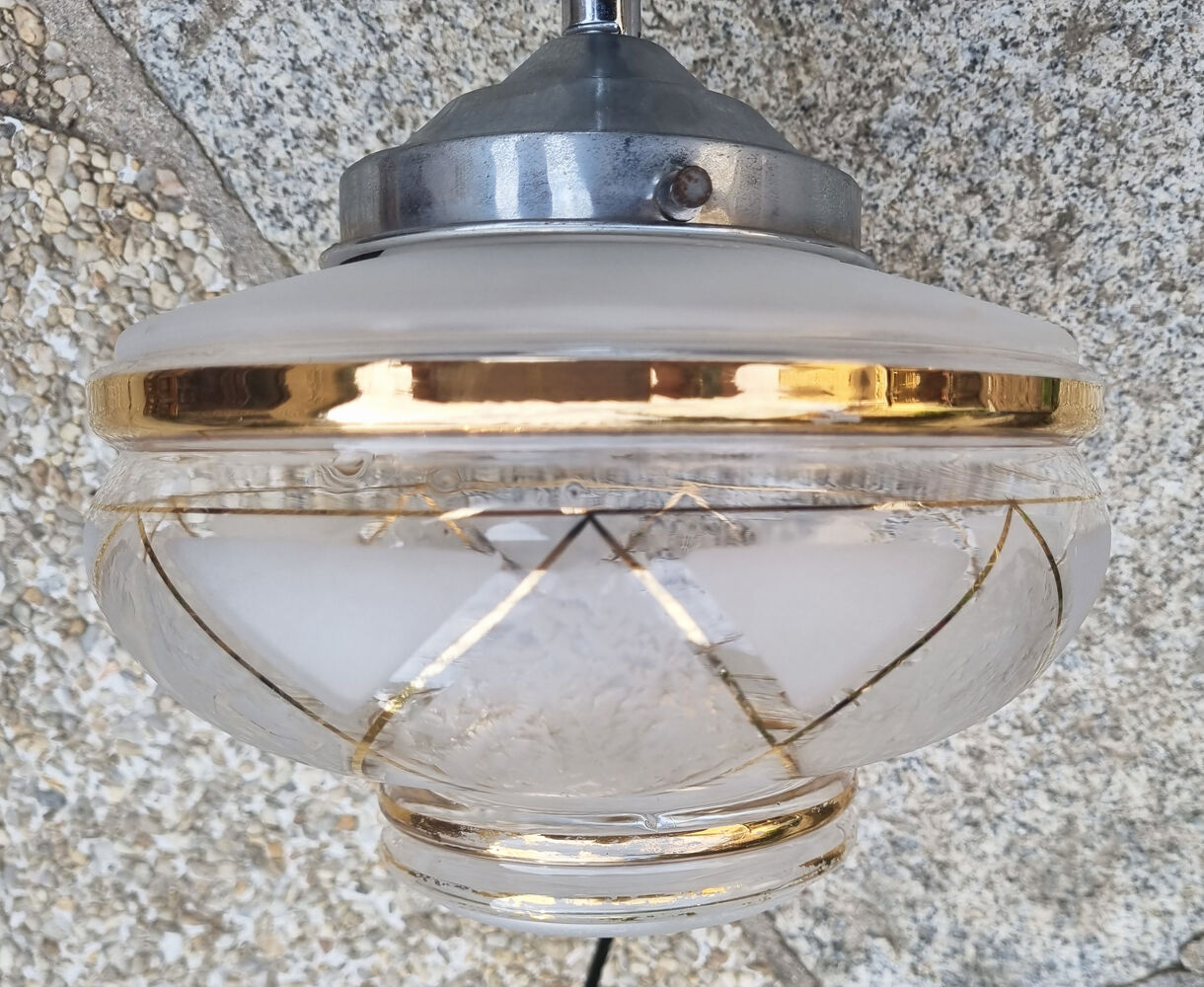 ceiling lamp, aluminum and chiseled glass, vintage, 50s