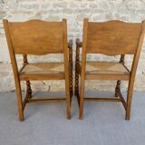Pair of neo-Basque armchairs, wooden and mulched seat
