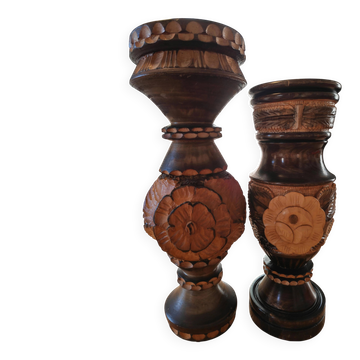 Pair of carved and turned wooden vases – Vintage folk art