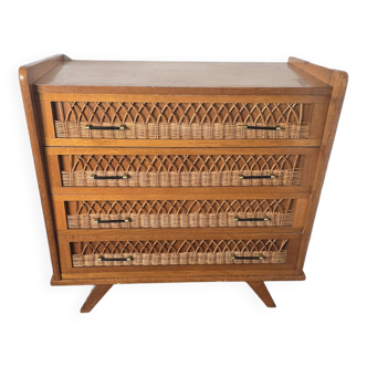 Rattan and wood chest of drawers from the 60s
