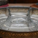 Art Nouveau serving dish plated in copper with removable glass inserts.