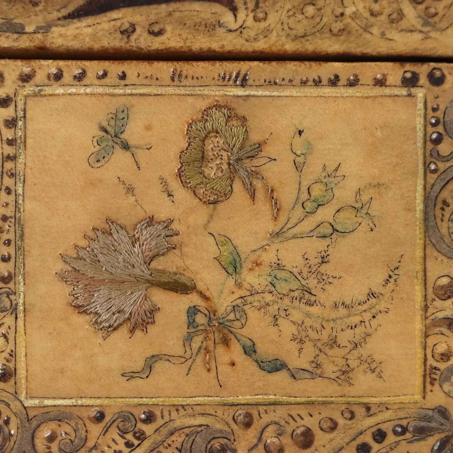 Antique wooden box covered with painted parchment, Italy, 19th-20th century.