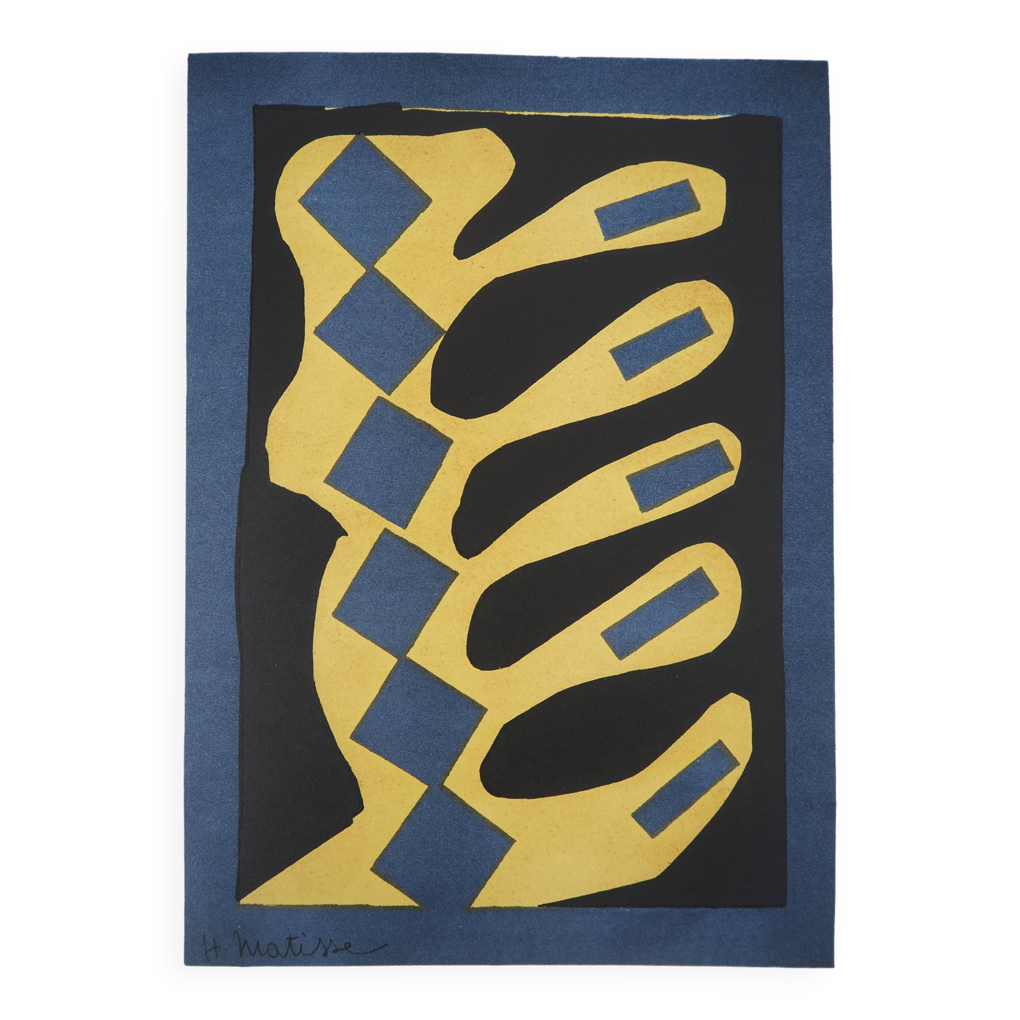 Henri matisse : découpage sur fond bleu - lithographie signée