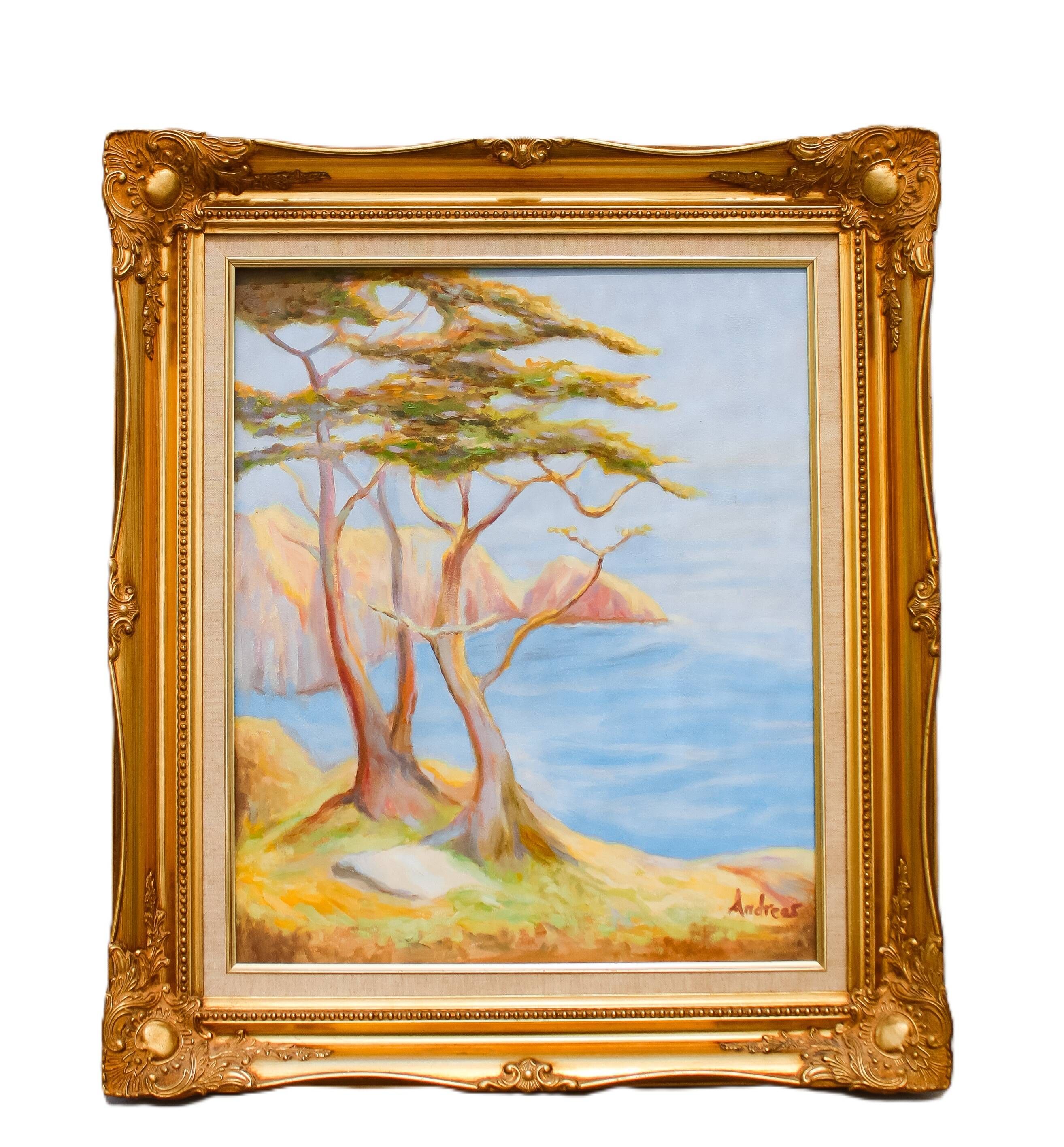 Oil painting of the Mediterranean coast with a high-quality Baroque frame.