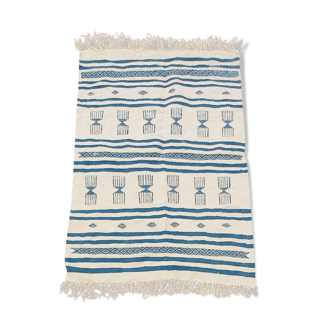 Tapis kilim berbère beige et bleu fait main en pure laine