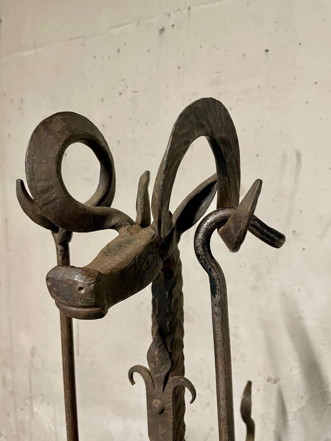 Brutalist folk art fireplace utensil holder