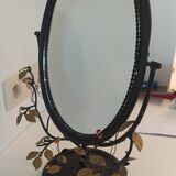 Table mirror, tilting psyche in patinated bronze decorated with leaves and fruits