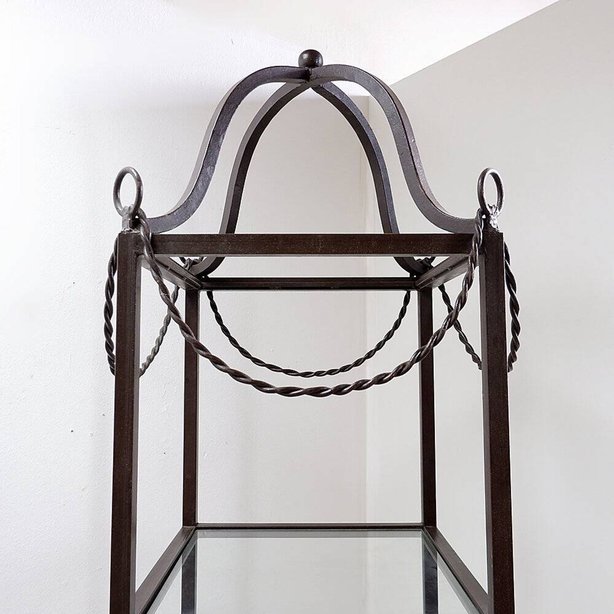 Pair of vintage pagoda-style shelves in black metal