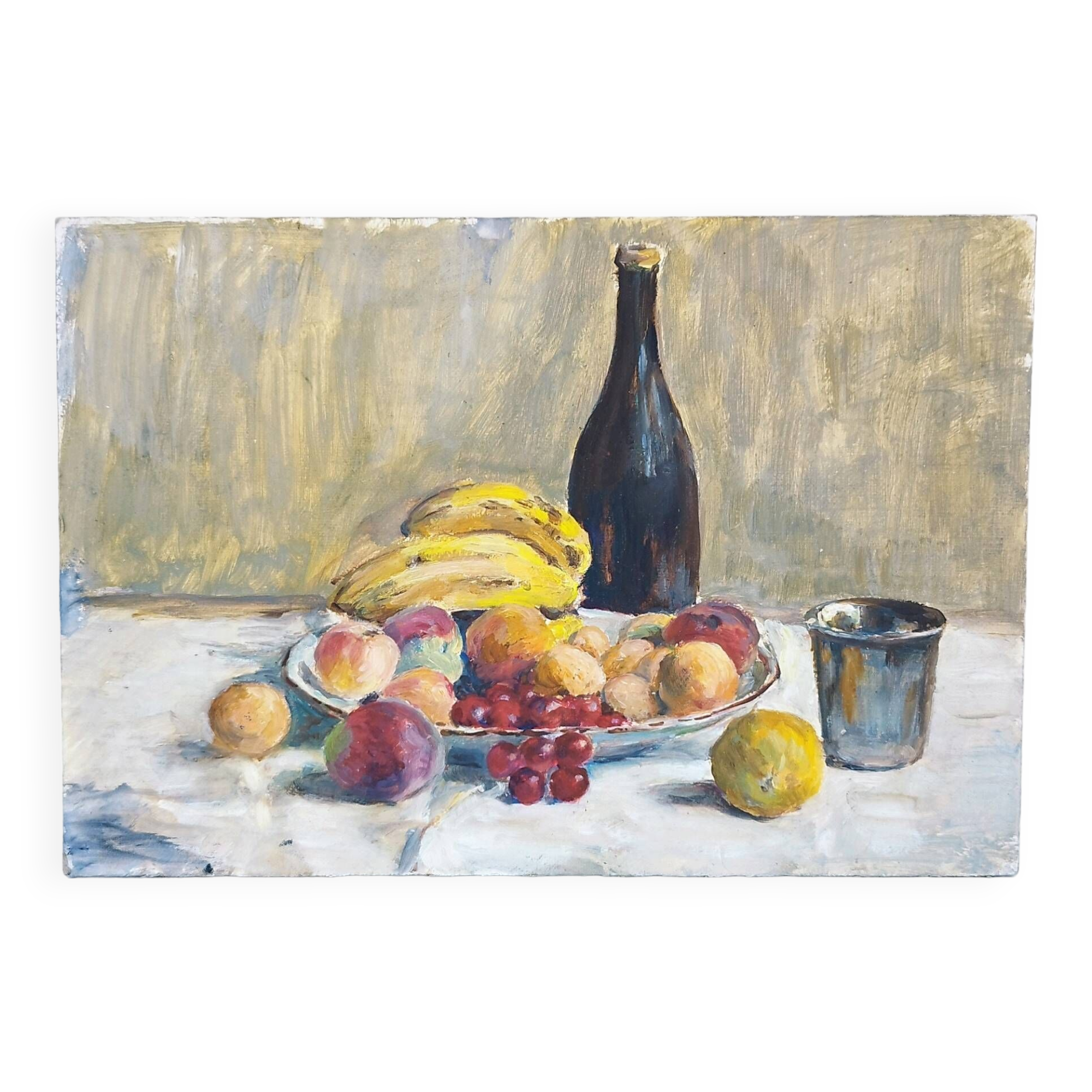 Still life painting fruit basket cider gouache