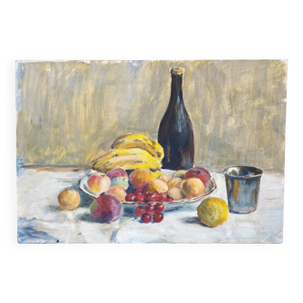 Still life painting fruit basket cider gouache