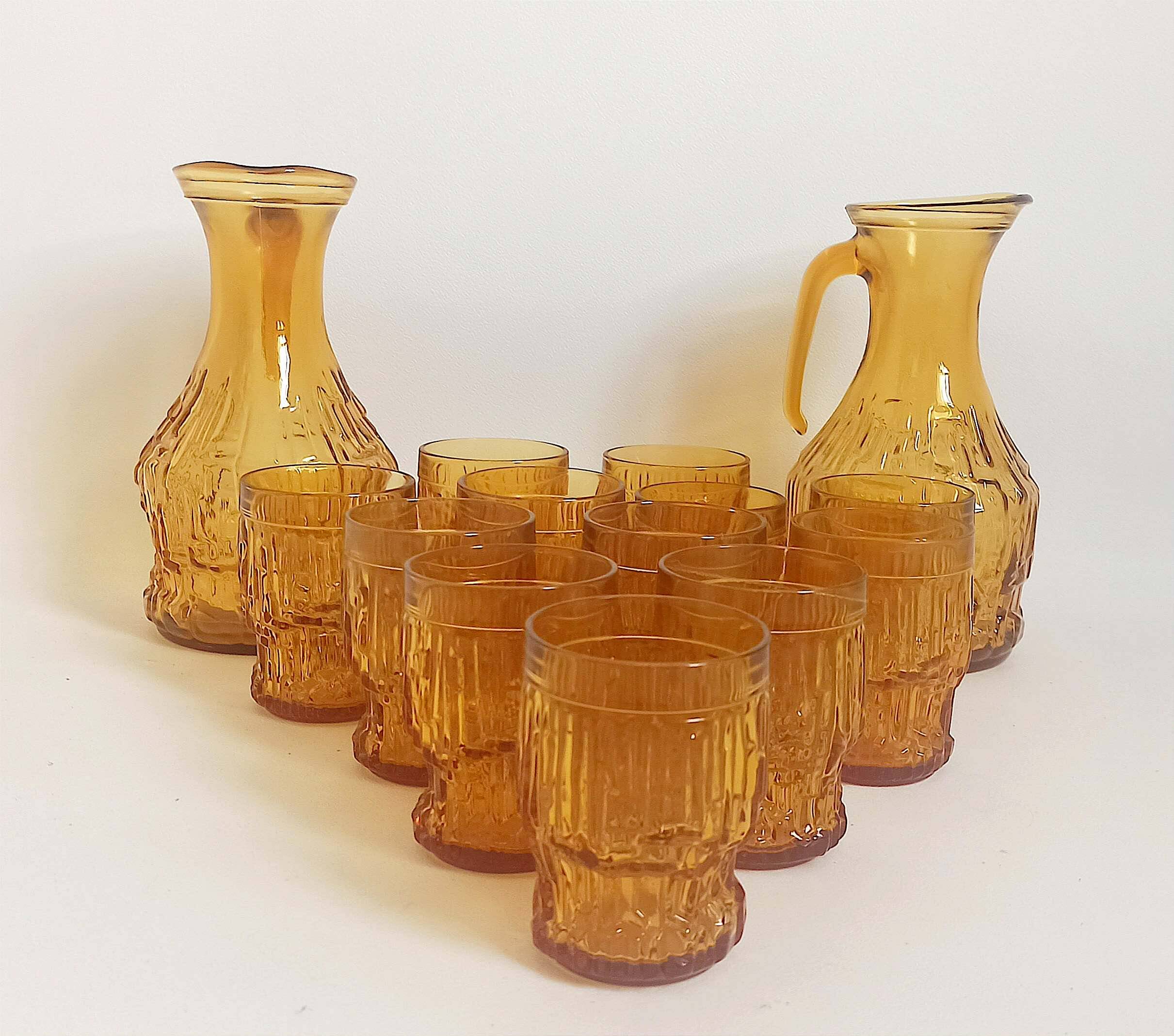 Orange juice set textured glass amber Empoli 2 decanters 12 glasses 70s
