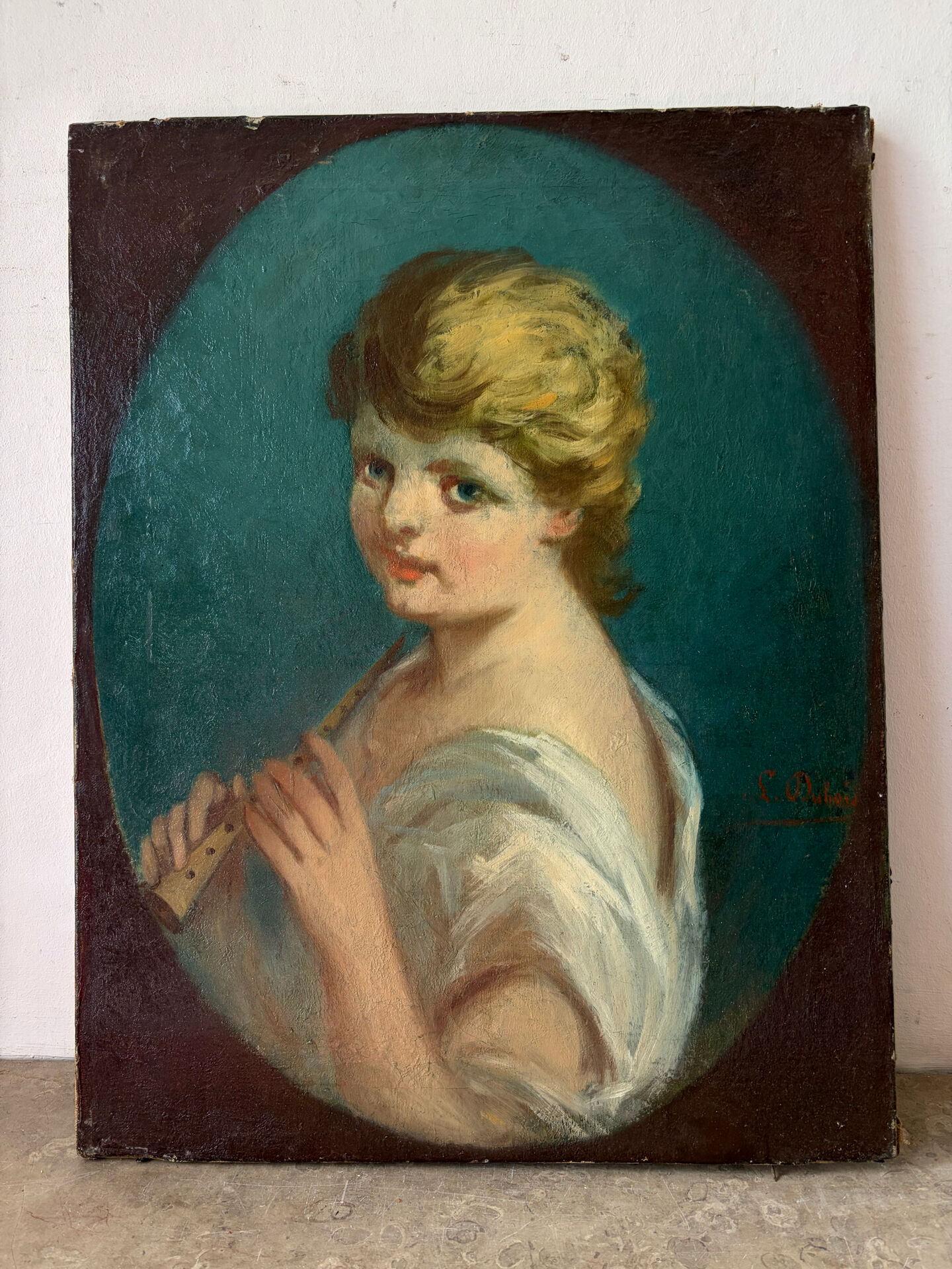 Portrait of a young woman with a flute, signed Louis Dubois (1830-1880)