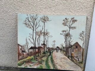 Canvas on village scene frame signed vintage Denise