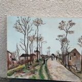 Canvas on village scene frame signed vintage Denise