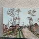 Canvas on village scene frame signed vintage Denise