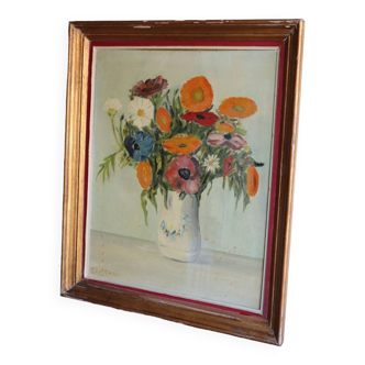 Huile sur toile ancienne bouquet de fleurs