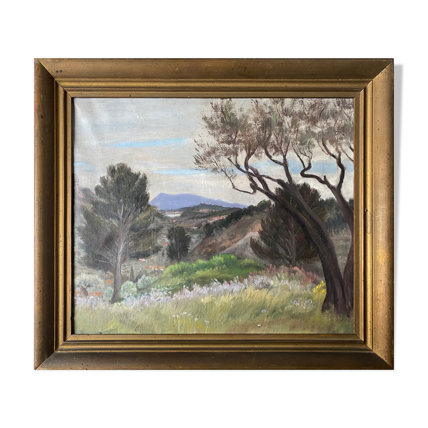 HST painting dated 1959 beautiful "Landscape with mountain" signed + frame