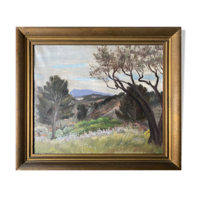 Tableau HST daté de 1959 beau ''Paysage avec montagne'' signé + cadre