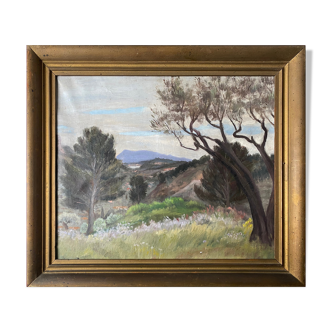 Tableau HST daté de 1959 beau "Paysage avec montagne" signé + cadre