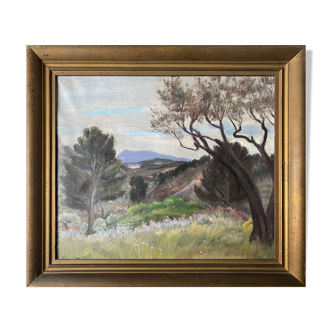 HST painting dated 1959 beautiful "Landscape with mountain" signed + frame