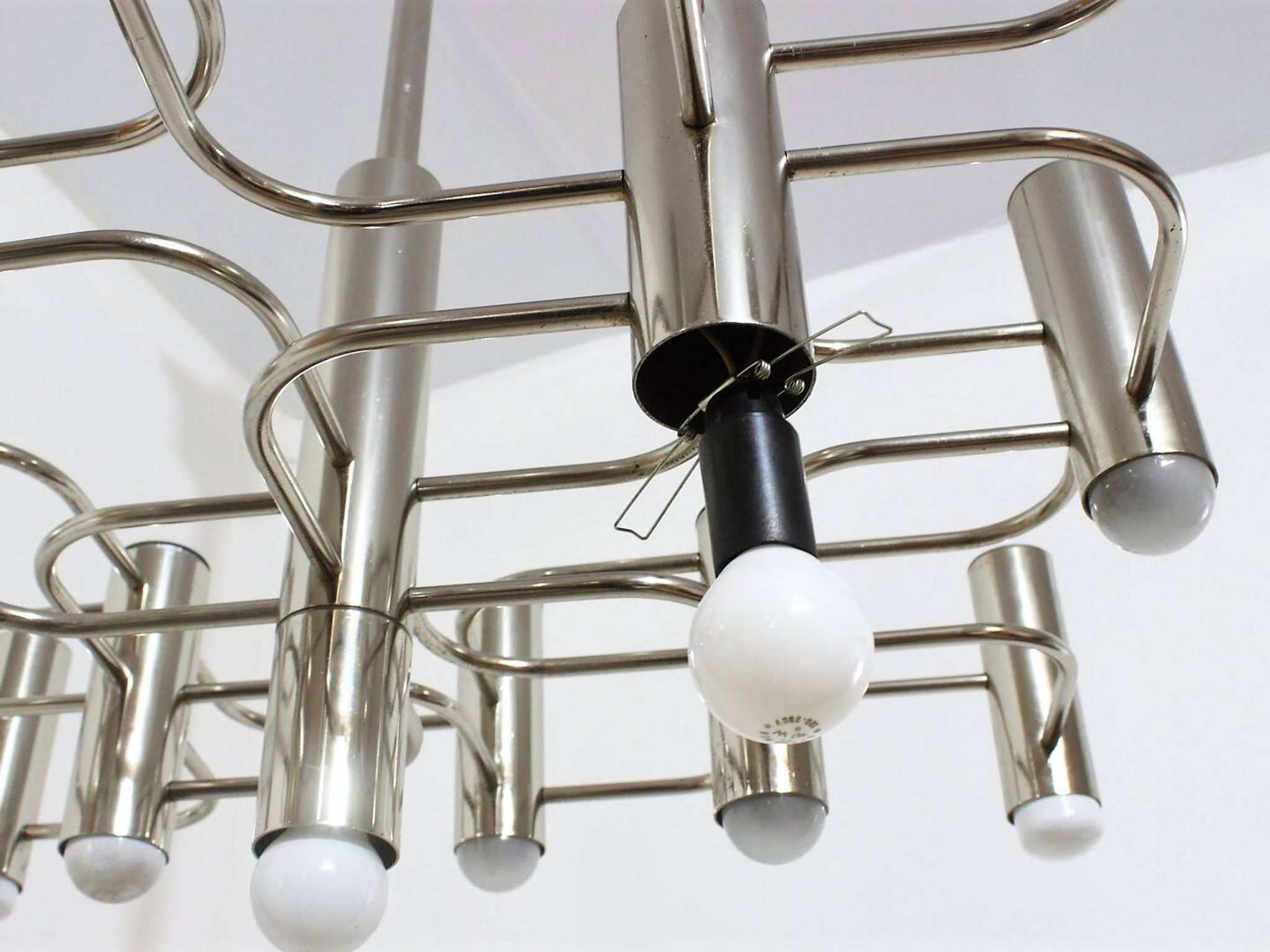 Sciolari chrome modernist design chandelier, Italy 1970s