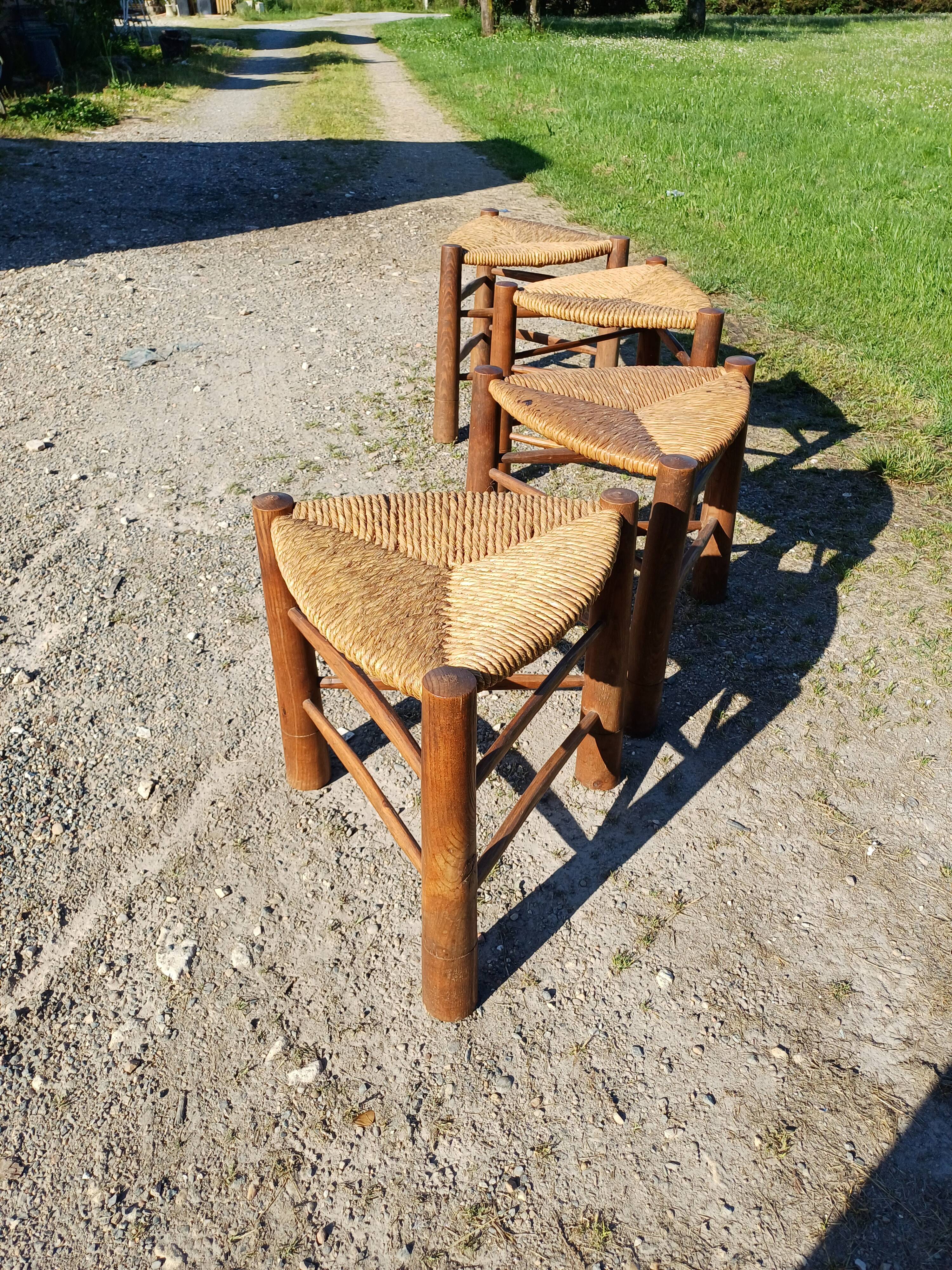 4 Vintage Tripod Triangle Wooden and Straw Stools Circa 1950