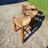 4 Vintage Tripod Triangle Wooden and Straw Stools Circa 1950
