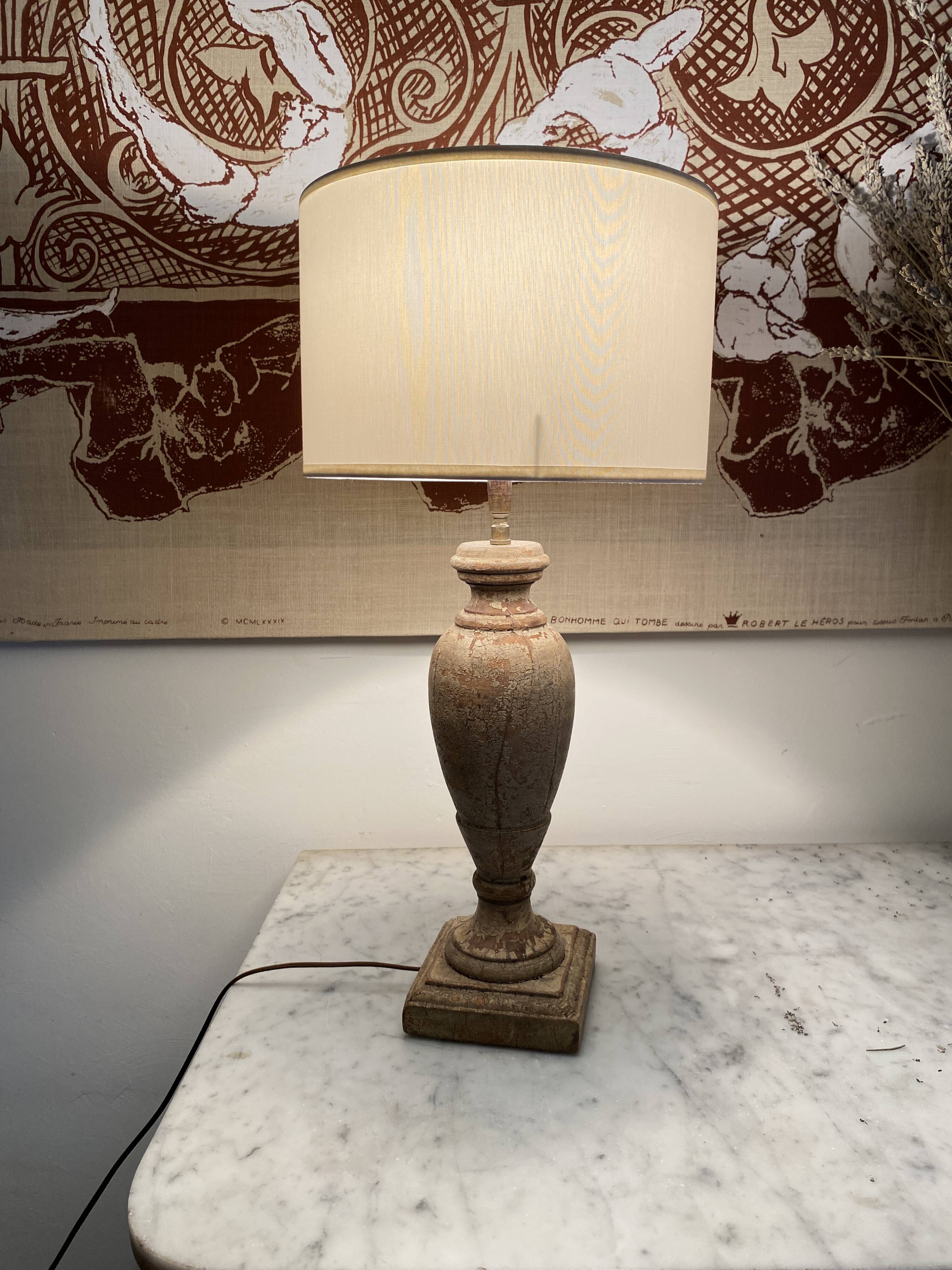 Wooden lamp, new 2 m fabric cable, cotton lampshade