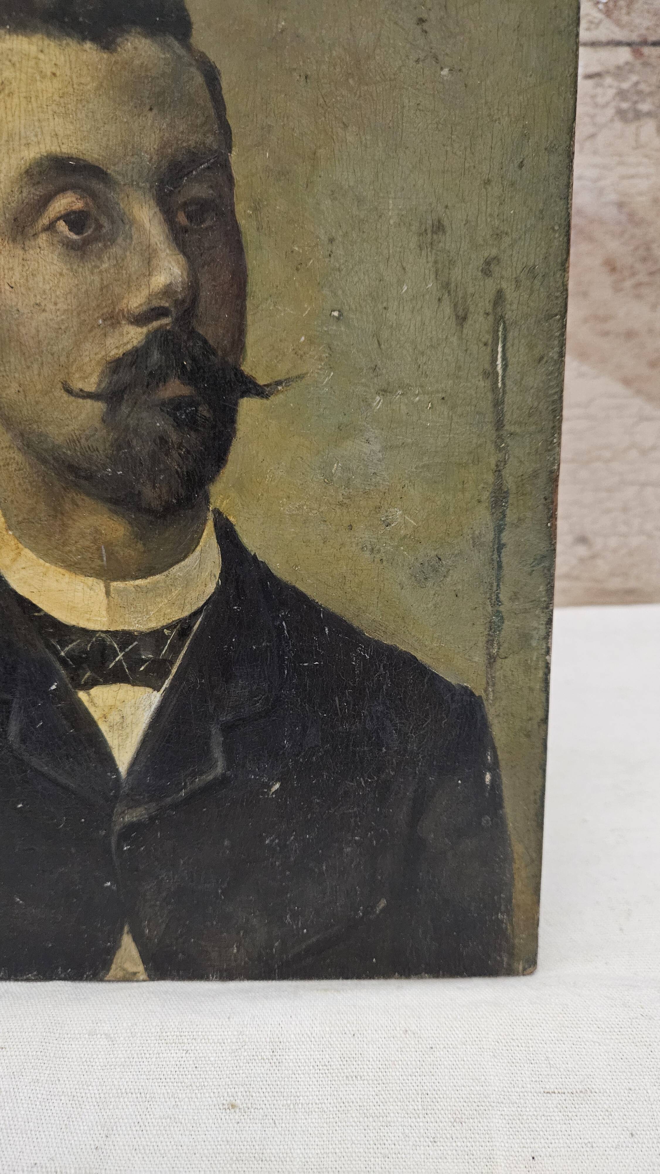 Portrait huile sur panneau - Homme à la moustache