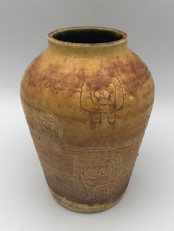 Vase artistique en céramique d’acolay style brutaliste, vintage, signé hubert guy