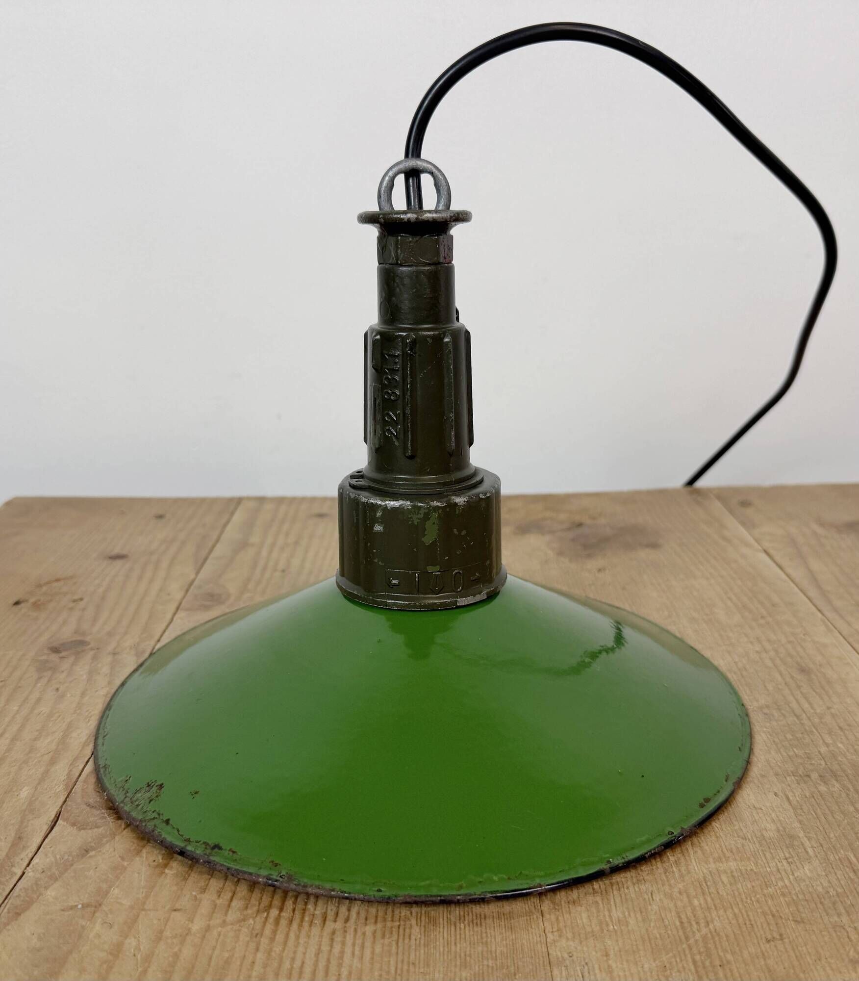 Industrial Green Enamel Military Pendant Lamp with Cast Aluminium Top, 1960