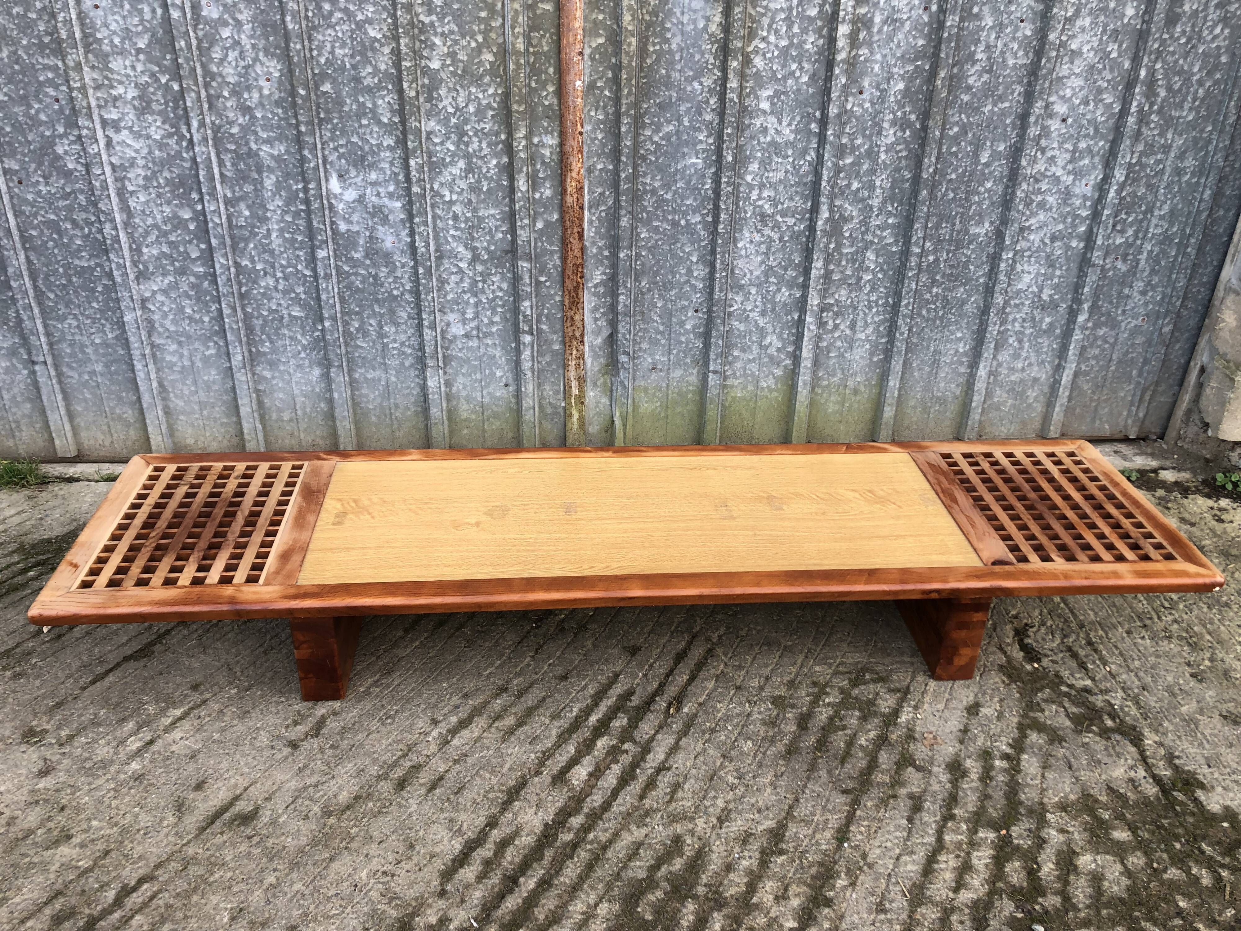 Vintage Yew Wood Bench with 3 Cushions