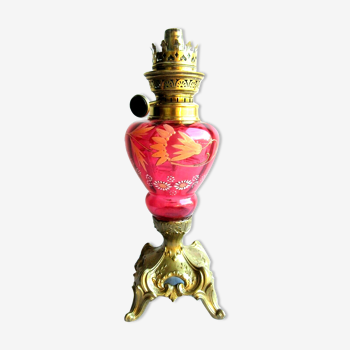 Kerosene lamp Napoleon III red glass enamelled with flowers, golden foot + glass