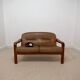 vintage camel leather and wood 2-seater sofa – 1970s