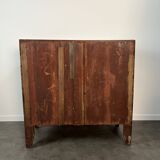 English commode from the George III Regency period, bombe shape in mahogany veneer.