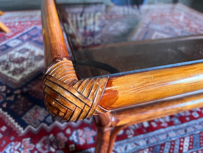 Vintage rattan coffee table and cannage and smoked glass top - 70s