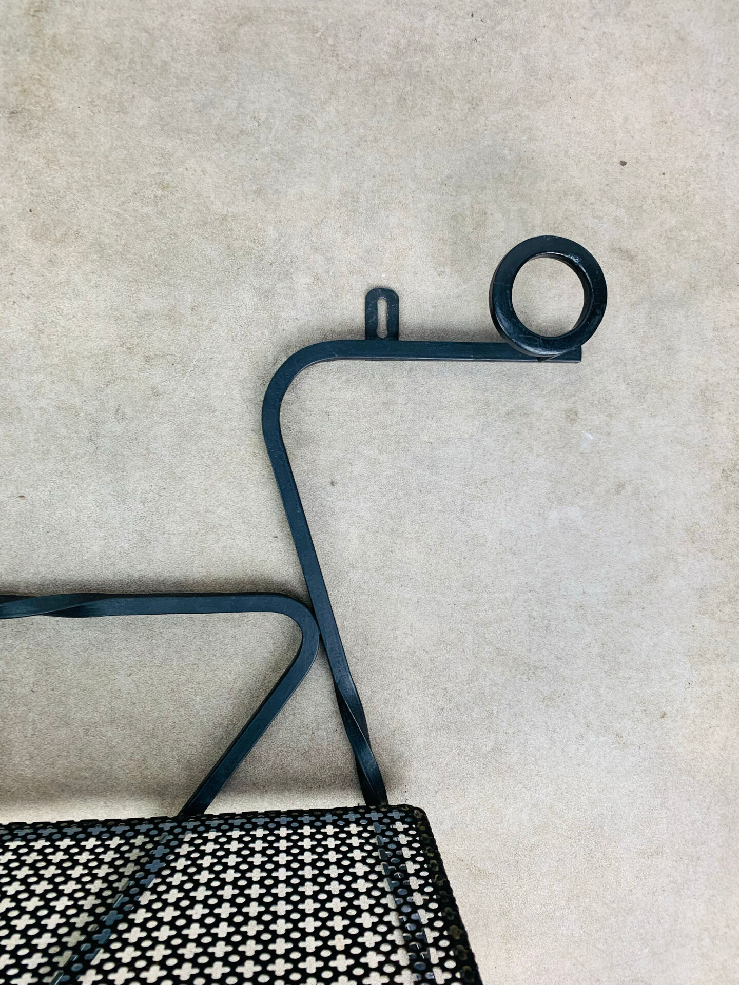 Wall-mounted coat rack/wardrobe from the 1950s, wrought iron and rigidule.