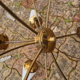 Suspension sputnik, 8 lights, brass, tulips opaque glass, vintage, 50s