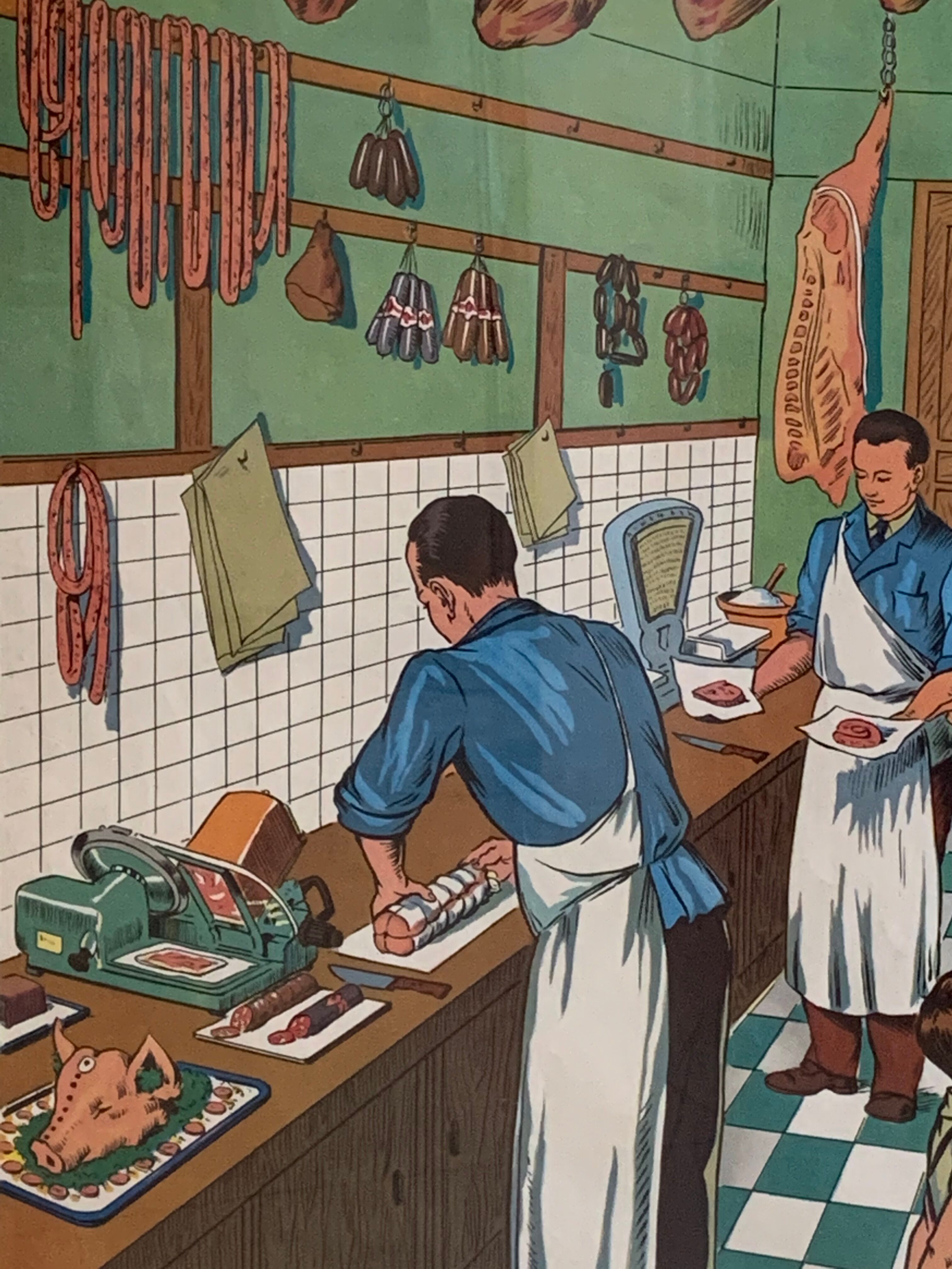 School poster 1960 framed double-sided n14bis The butcher charcutier- n 15 The garage