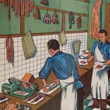 School poster 1960 framed double-sided n14bis The butcher charcutier- n 15 The garage