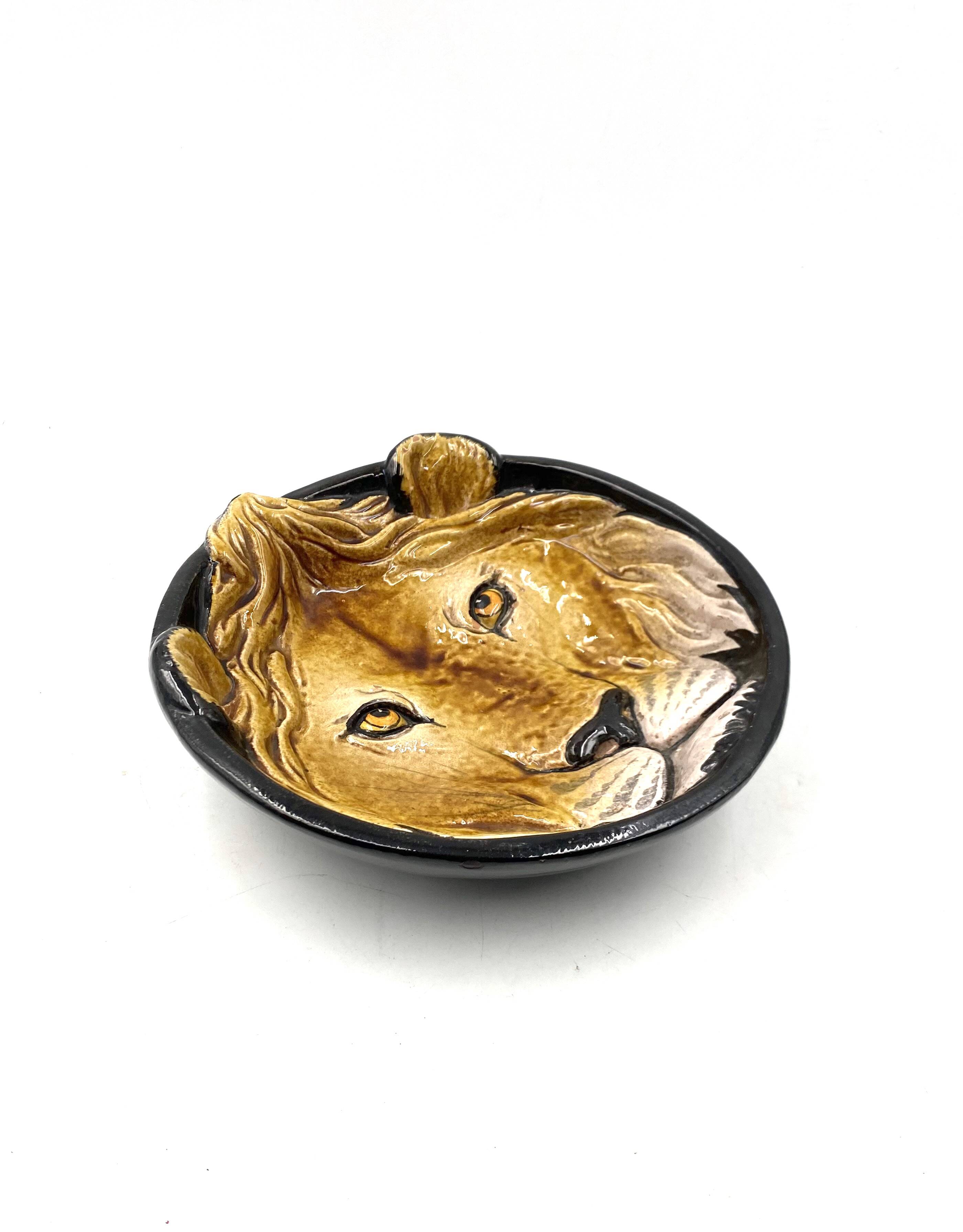 Mid-century lion ceramic plate / vide poche, Italy 1970s