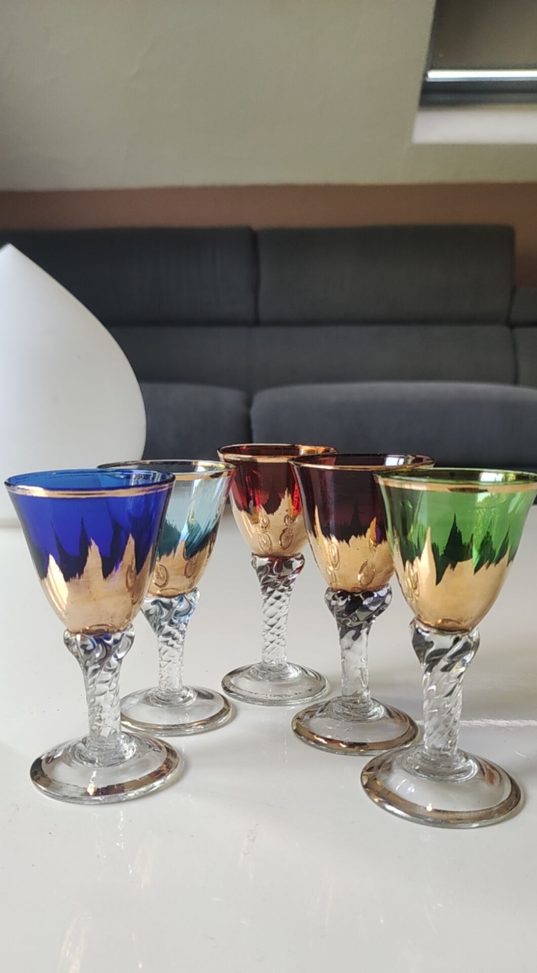 Lot 5 Glasses Digestif/Liqueur. Flamed decoration. Murano 1950