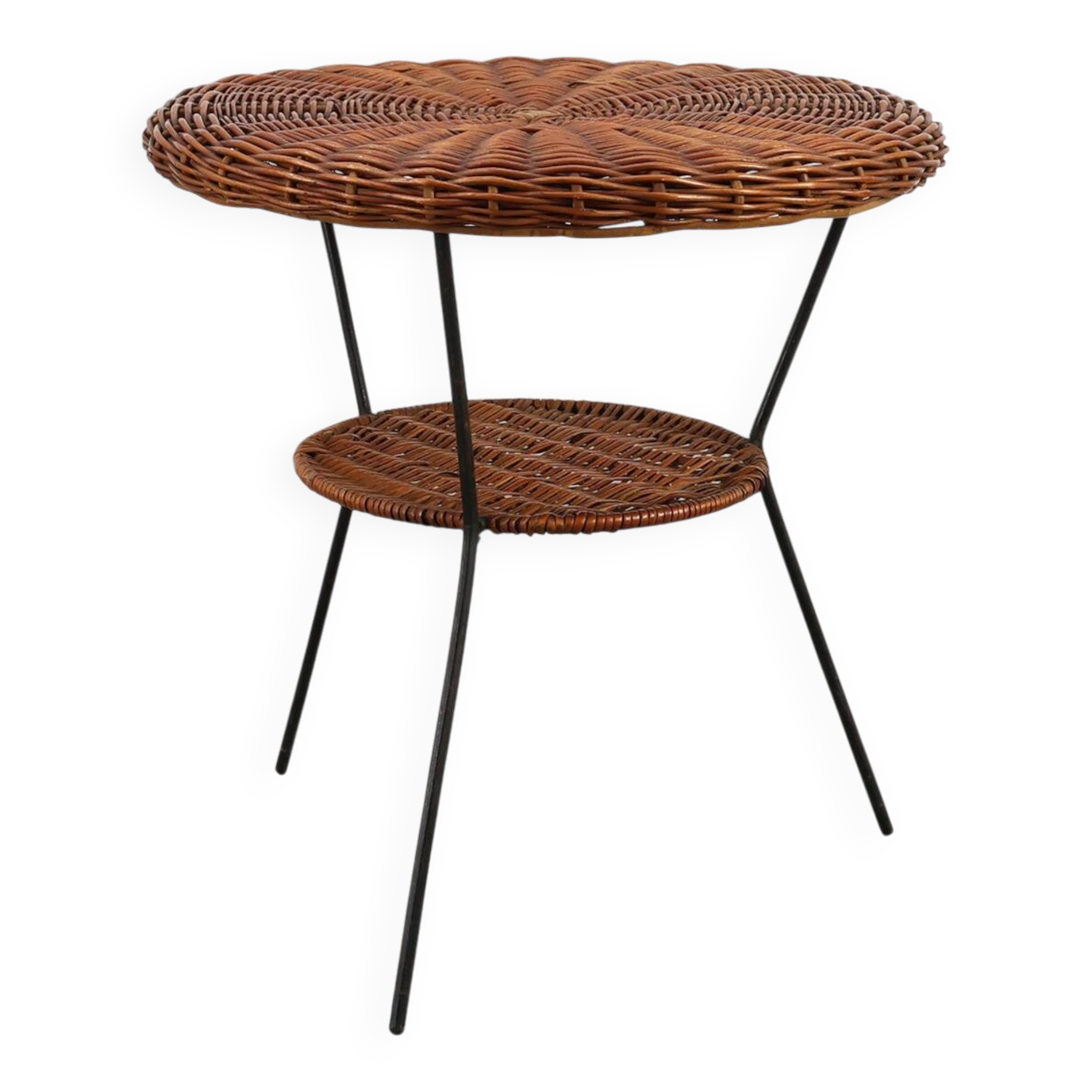 Mid-Century Woven Rattan, Wicker and Iron 2-Tier Round Coffee Table, Italy