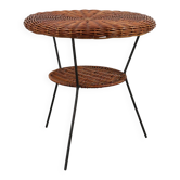 Mid-Century Woven Rattan, Wicker and Iron 2-Tier Round Coffee Table, Italy