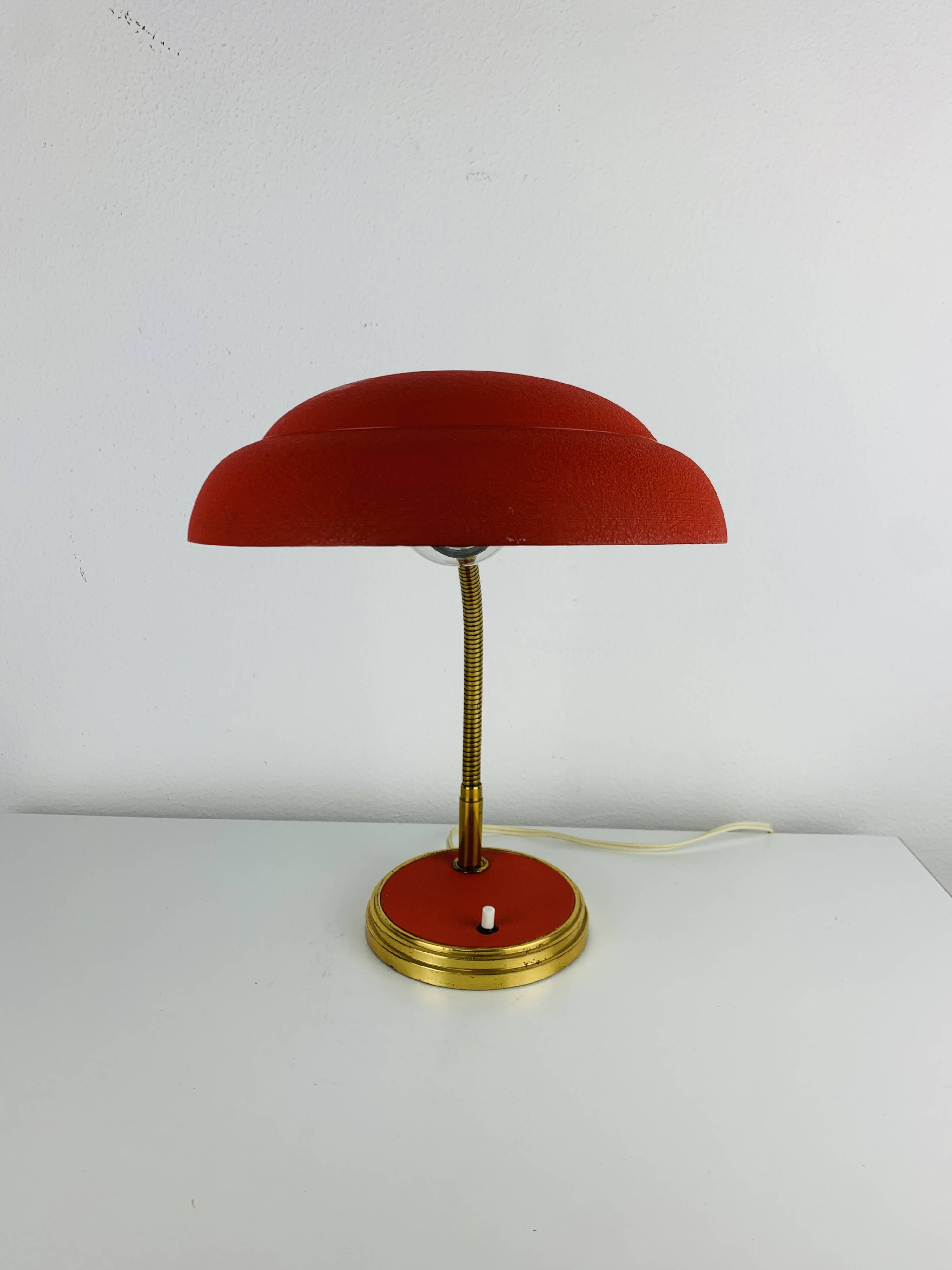 1950s desk lamp, red metal and brass