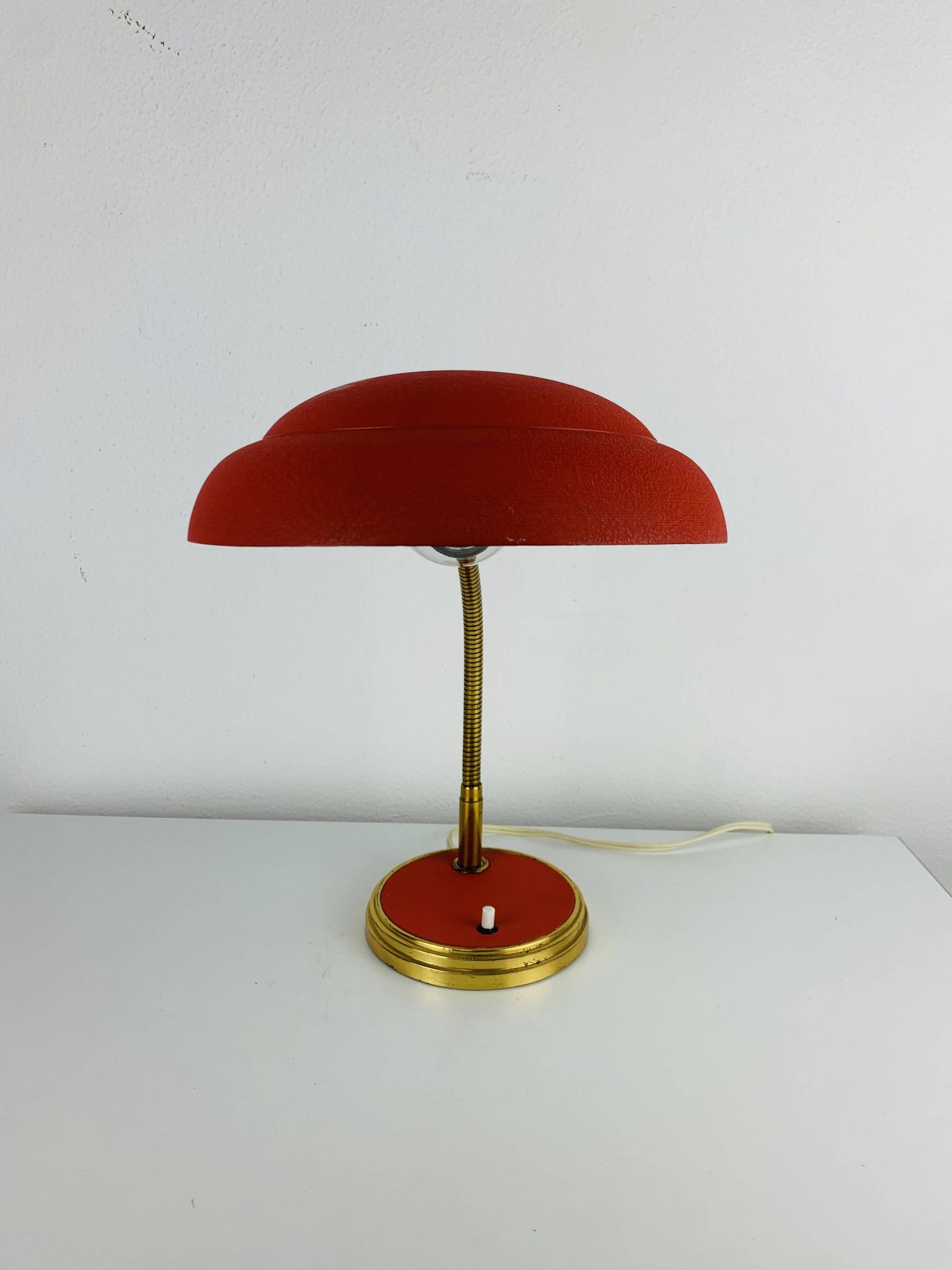 1950s desk lamp, red metal and brass